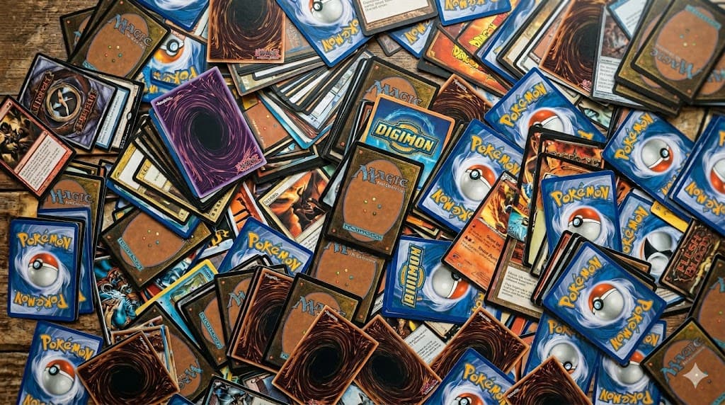 Montón de cartas coleccionables sobre mesa